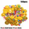 LOMIMOS Pirate Gold Coins,144 PCS Buried Treasure and Pirate Gems Jewelry Playset Pack Party Favor Decorations(72 Coins+72 Gems) view 2