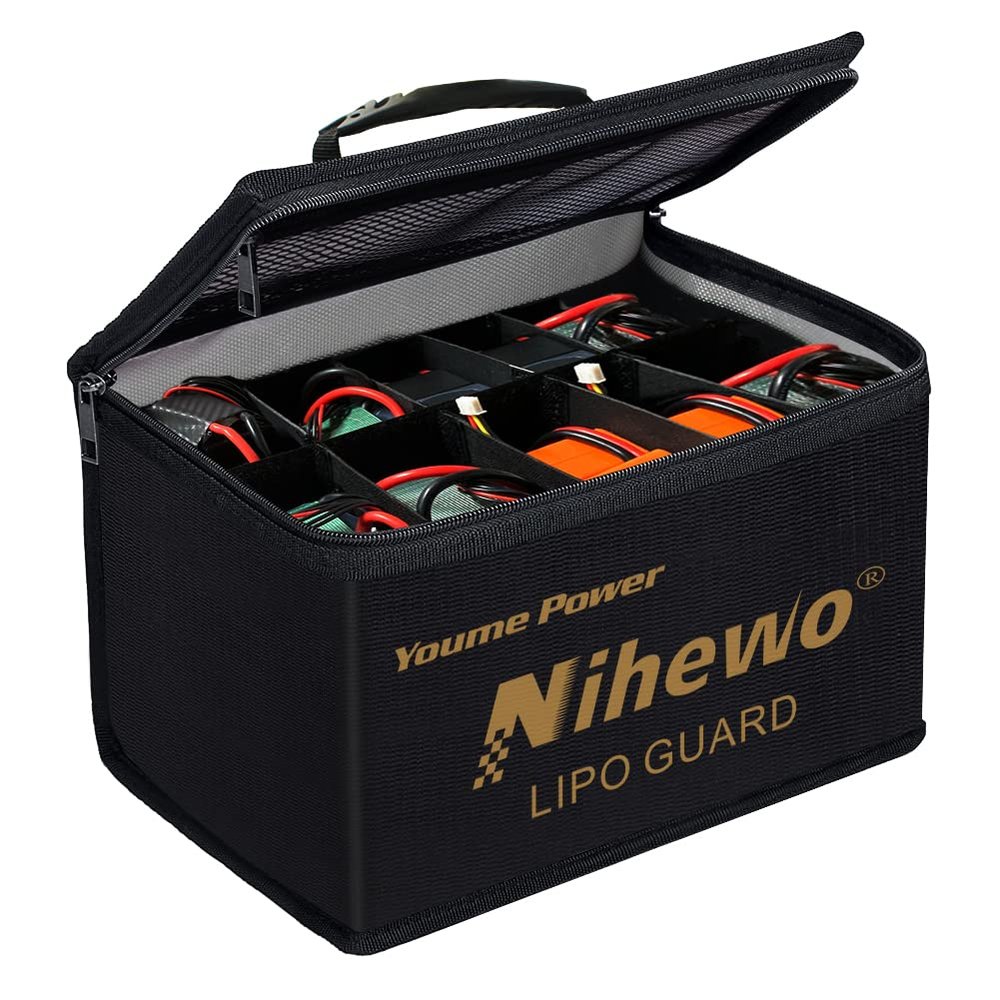 Nihewo Lipo Safe Bag Fireproof Explosionproof Battery Bag Organizer - Large Capacity Lipo Guard Safe Pouch for Storage & Transportation & Charging with Durable Handle and Mesh Pocket