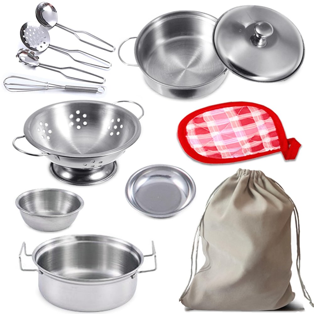 Mini - Kids Pretend Play Kitchen Toys,Cooking Toys Set Play Kitchen Accessories with Stainless Steel Pots and Pans Set,Pretend Play Food Cooking Utensils Cookware for Girls Boys.Tiny-11Pcs