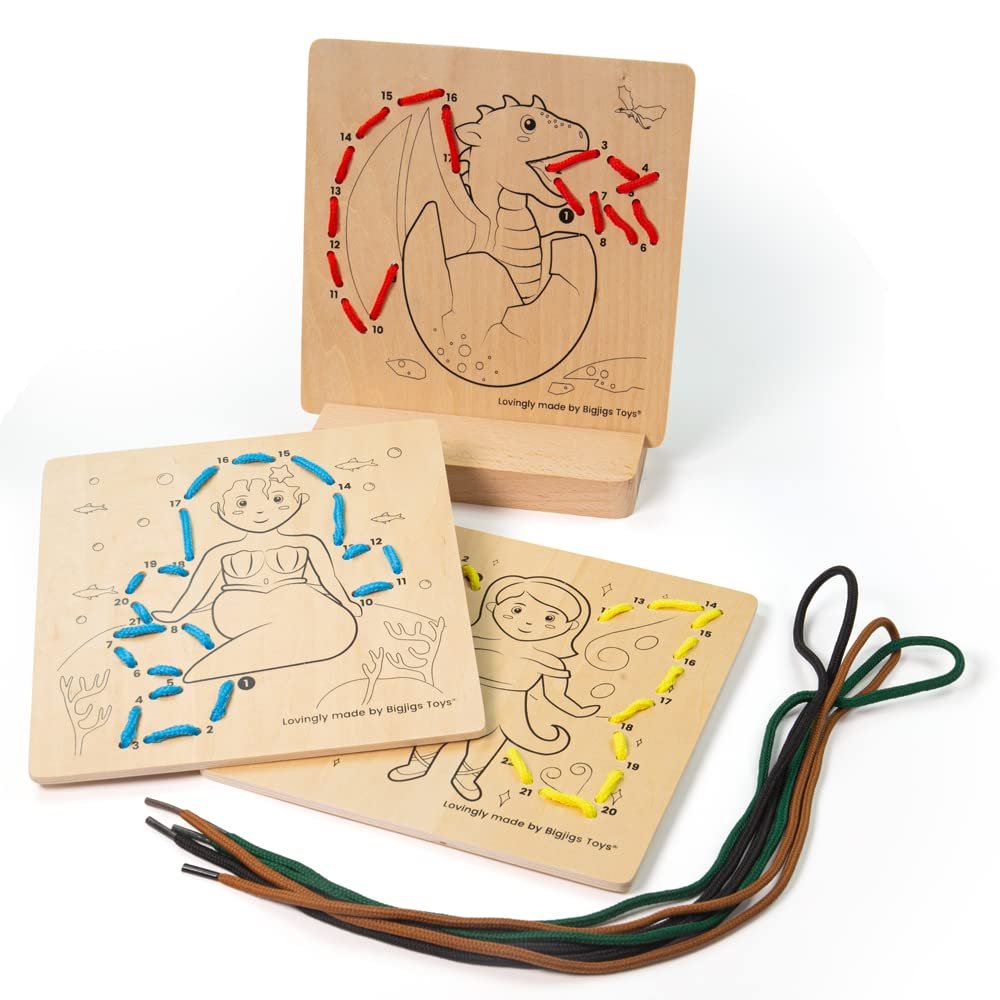 Bigjigs Toys, Lacing by Numbers - Mythical, Wooden Toys, Lacing Toy, Threading Toys, Wooden Threading Toys, Threading Toys for 3 Year Olds, Toddler Toys, Fine Motor Skills Toys