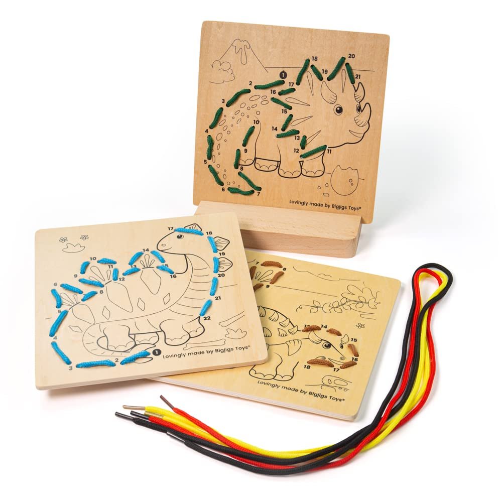 Bigjigs Toys, Lacing by Numbers - Dinosaur, Wooden Toys, Lacing Toy, Threading Toys, Wooden Threading Toys, Threading Toys for 3 Year Olds, Toddler Toys, Fine Motor Skills Toys
