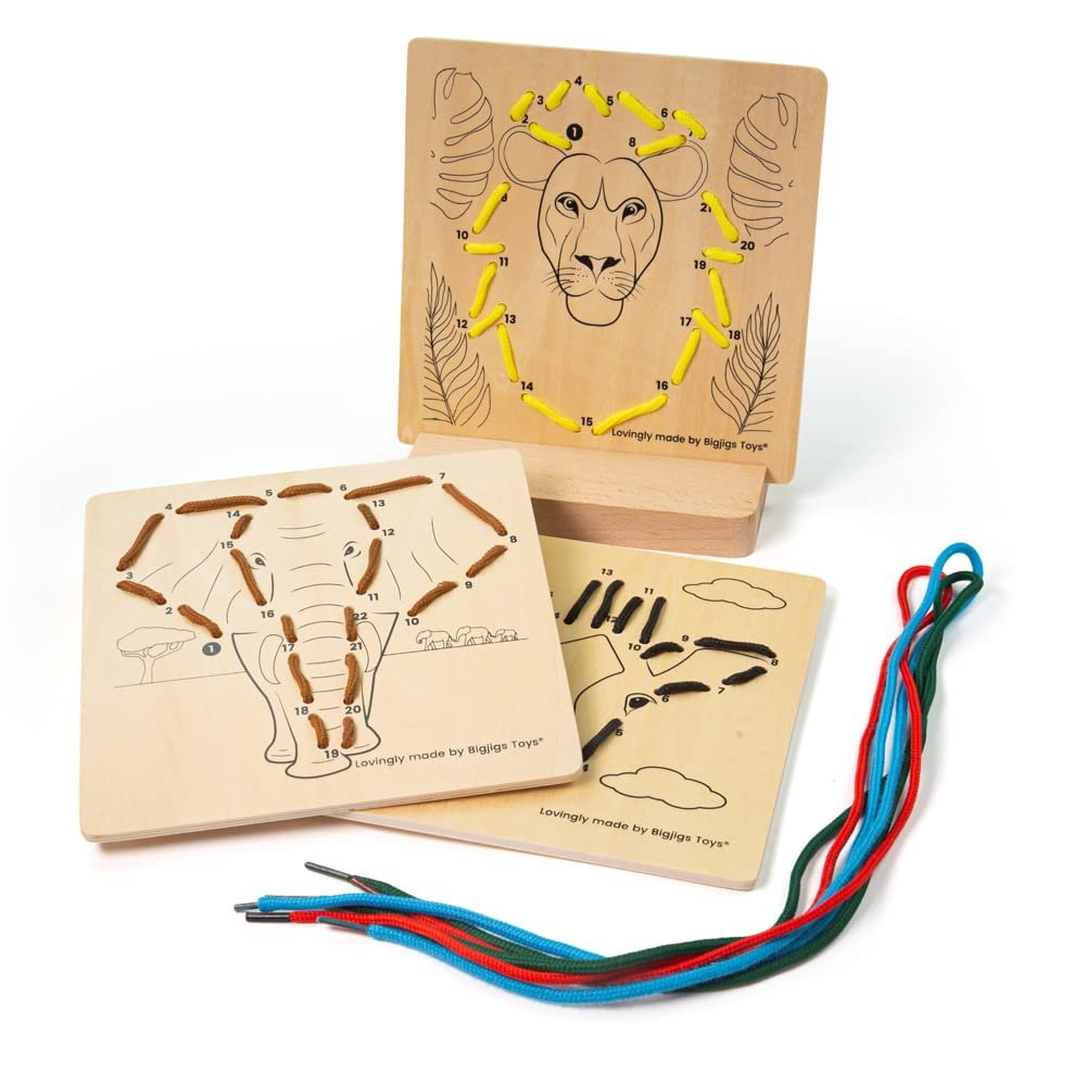 Bigjigs Toys, Lacing by Numbers - Jungle, Wooden Toys, Lacing Toy, Threading Toys, Wooden Threading Toys, Threading Toys for 3 Year Olds, Toddler Toys, Fine Motor Skills Toys