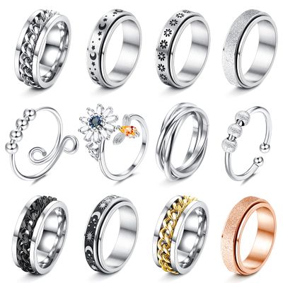 FASACCO 12Pcs Fidget Anxiety Rings for Women Men - Spinner Fidget Rings for Anxiety Relieving Stress Flower Moon Star Stainless Steel Rings Adjustable Size 7