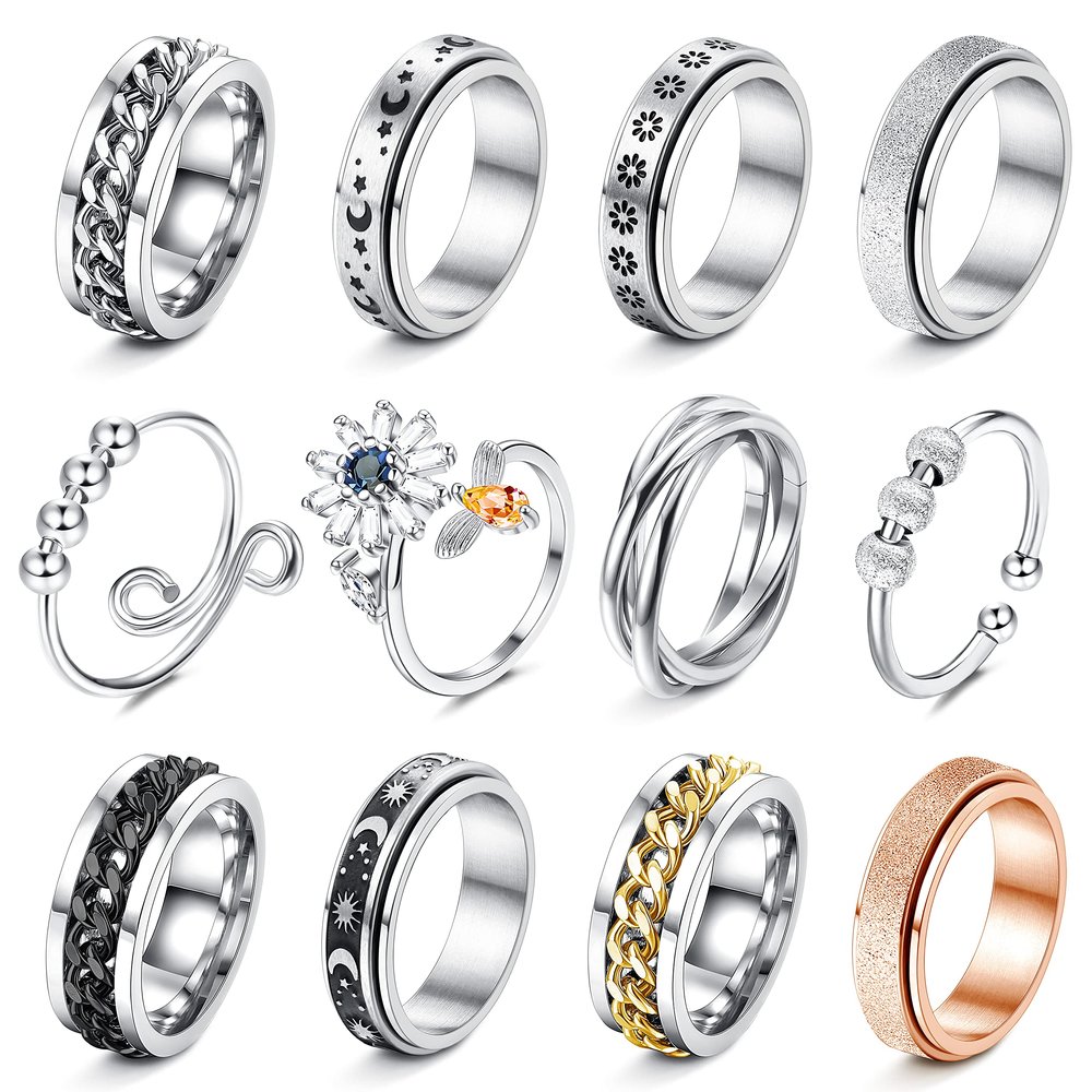 FASACCO 12Pcs Fidget Anxiety Rings for Women Men - Spinner Fidget Rings for Anxiety Relieving Stress Flower Moon Star Stainless Steel Rings Adjustable Size 7