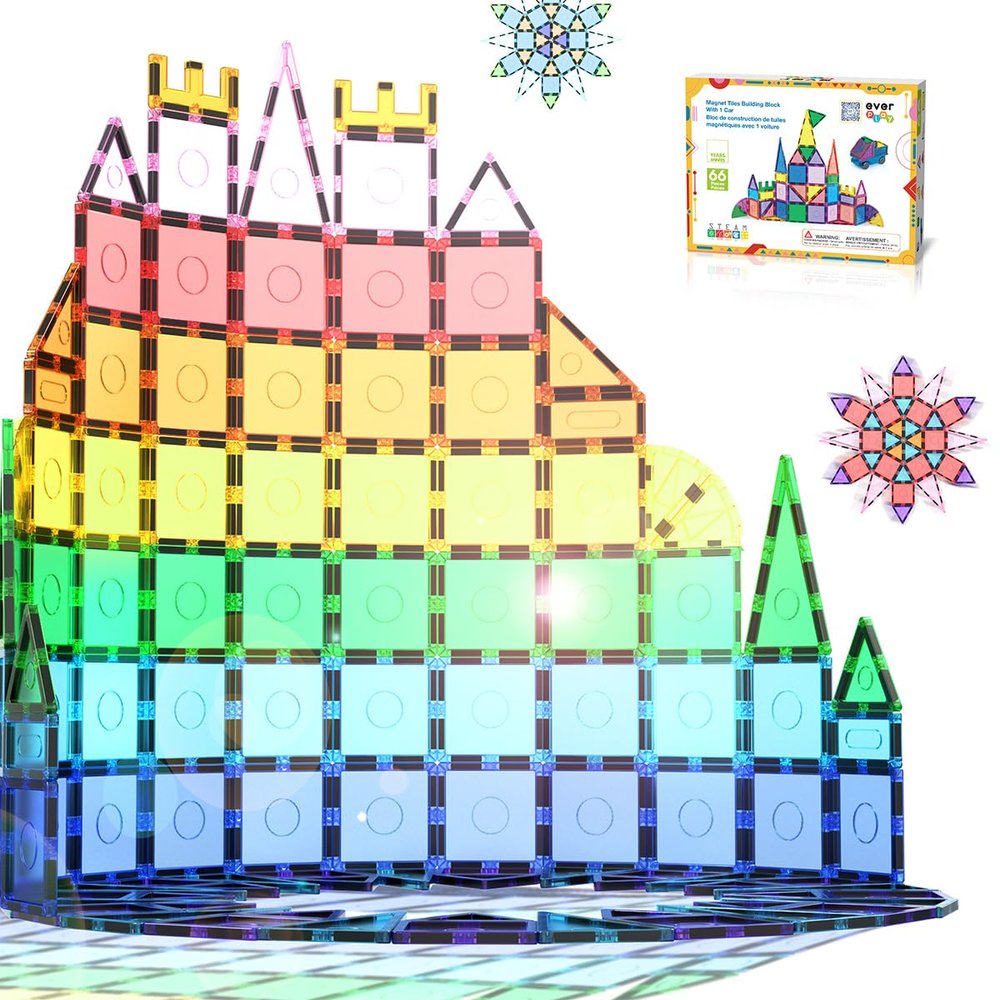 Everplay 66 pc Magnetic Tiles with Multicolored Car Set, Building Blocks Toys, STEM Educational Learning Magnet Toy Preschool Montessori Boys & Girls Smart Kit Games Gifts for Age 3+ Kids Toddlers