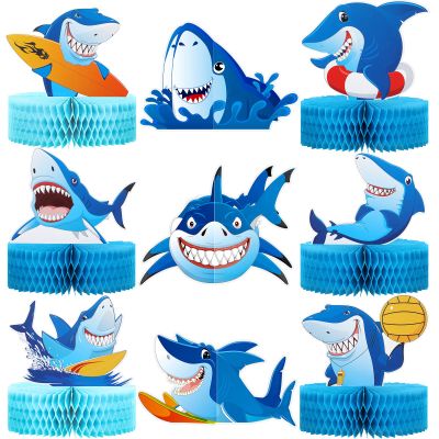 9 Pieces Shark Birthday Party Decorations Under The Sea Honeycomb Table Centerpiece for Boys Baby Shower Blue Sea Sharks Themed Birthday Party Sharks Week Decoration