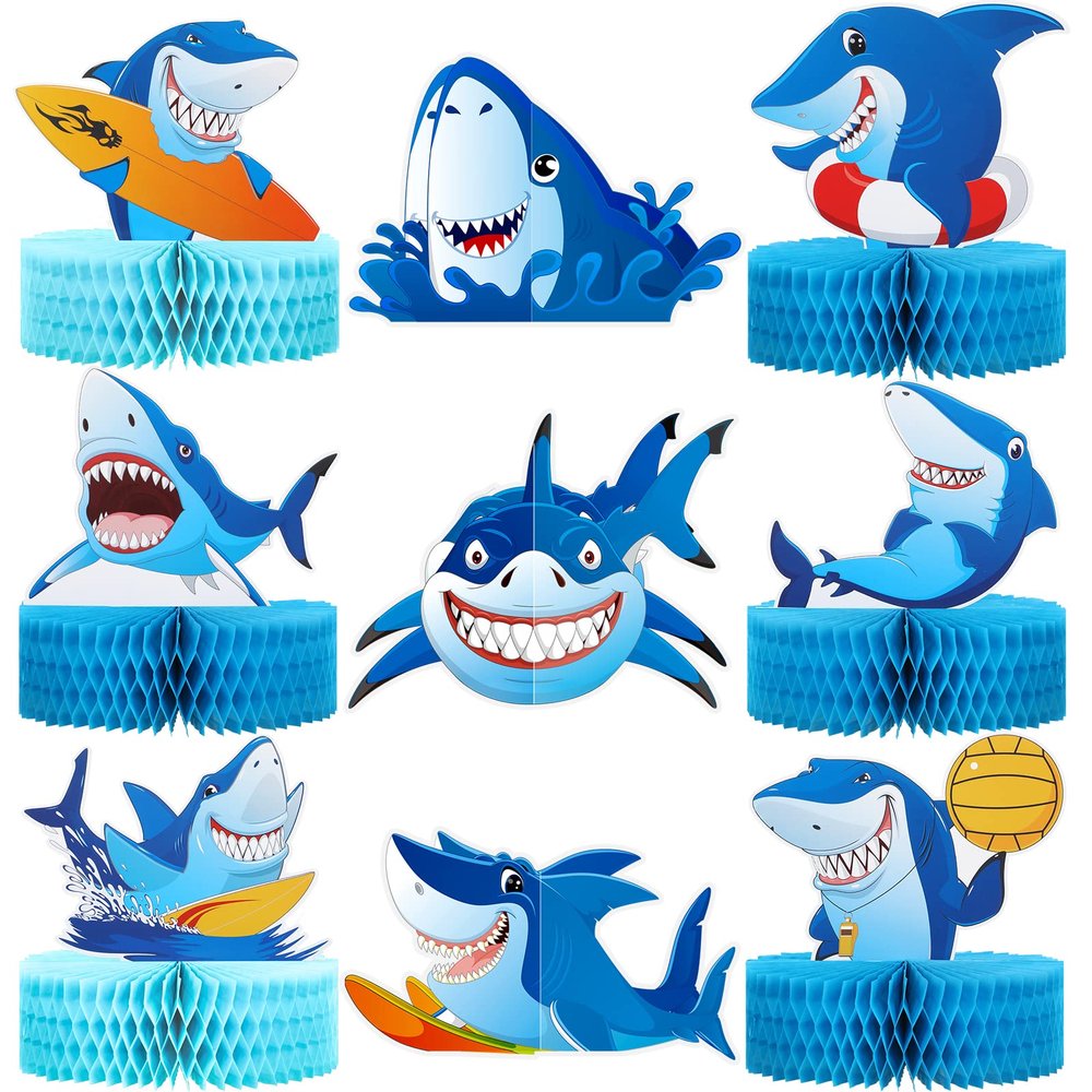 9 Pieces Shark Birthday Party Decorations Under The Sea Honeycomb Table Centerpiece for Boys Baby Shower Blue Sea Sharks Themed Birthday Party Sharks Week Decoration