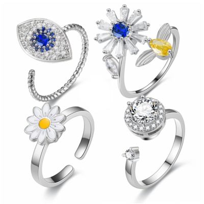 Caiyao Fidget Anxiety Relief Ring Daisy Sunflower Flower Evil Eye Zircon Bead Open Adjustable Spinner Stackable Ring for Women Stress Relieveing Jewelry Gift-A 4pcs