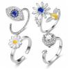 Caiyao Fidget Anxiety Relief Ring Daisy Sunflower Flower Evil Eye Zircon Bead Open Adjustable Spinner Stackable Ring for Women Stress Relieveing Jewelry Gift-A 4pcs view 1