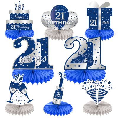 8Pcs 21st birthday Honeycomb Centerpieces Decorations for Boys Blue Silver Happy 21 Birthday Table Centerpiece Party Supplies, Birthday,Twenty First Year Old Table Topper Decor
