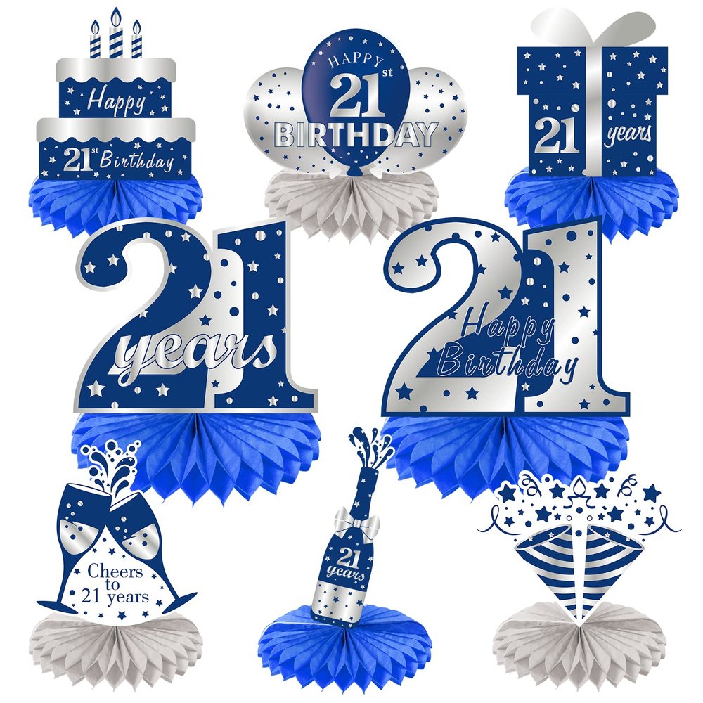 8Pcs 21st birthday Honeycomb Centerpieces Decorations for Boys Blue Silver Happy 21 Birthday Table Centerpiece Party Supplies, Birthday,Twenty First Year Old Table Topper Decor