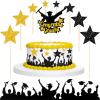 19 Pcs Glitter Graduation Cake Toppers Includes Class of 2025 Congrats Grad Cake Topper Graduation Hats Cake Border and DIY Glitter Star Cupcake Toppers for Graduation Decorations, Black and Gold view 1