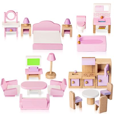 WOODMAM Wooden Dollhouse Furniture Set, 22 PCS Doll House Accessories Including 5 Room Kits, Little People House Furniture Toy Gift for Girls Boys Age 3+, Miniature Dollhouse Furnishing