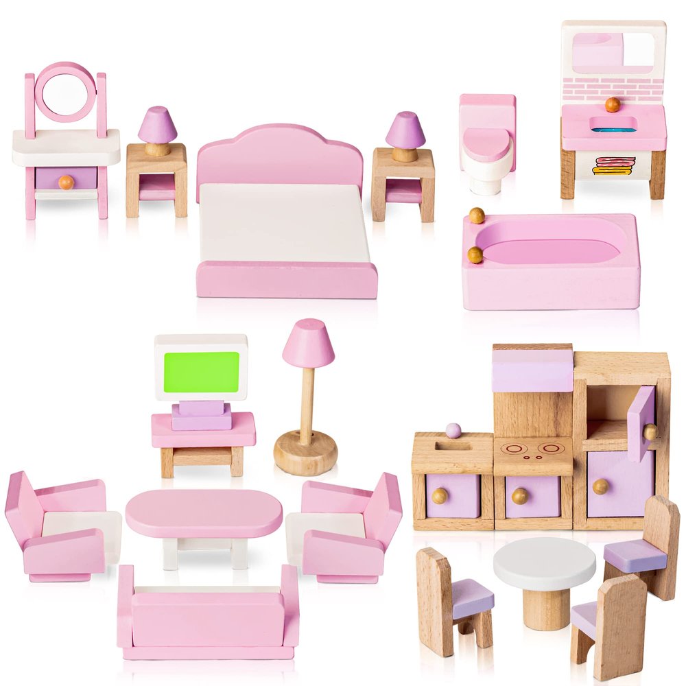 WOODMAM Wooden Dollhouse Furniture Set, 22 PCS Doll House Accessories Including 5 Room Kits, Little People House Furniture Toy Gift for Girls Boys Age 3+, Miniature Dollhouse Furnishing