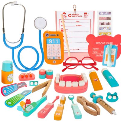 WOODMAM Wooden Dentist Kit for Kids, 41 Pieces Toy Medical Kit with Stethoscope & Medical Storage Bag, Montessori Pretend Doctor Kit Toys for 3 4 5 6 Years Old Boys Girls