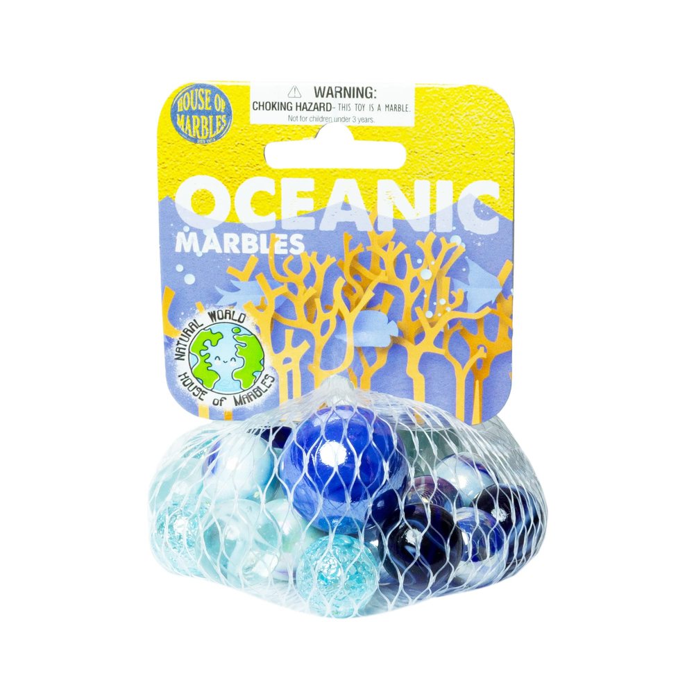 House of Marbles Oceanic Net Bag of Marbles - 21-Piece Ocean Blue Glass Marble Set with 1 Shooter & 20 Player Marbles for Games, Marble Runs, Collecting & Gifts