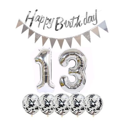 2 Balloons Number 13 + Happy Birthday Garland + Silver Banner foil Balloon 13th Birthday Decoration+5 Confetti Balloons boy Girl 13 Year Birthday Decoration Number Balloon 13 Balloons 13 Birthday