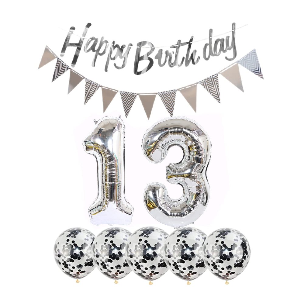 2 Balloons Number 13 + Happy Birthday Garland + Silver Banner foil Balloon 13th Birthday Decoration+5 Confetti Balloons boy Girl 13 Year Birthday Decoration Number Balloon 13 Balloons 13 Birthday