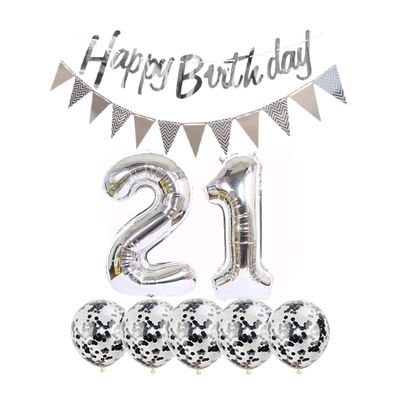 2 Balloons Number 21 + Happy Birthday Garland + Silver Banner foil Balloon 21th Birthday Decoration+5 Confetti Balloons boy Girl 21 Year Birthday Decoration Number Balloon 21 Balloons 21 Birthday
