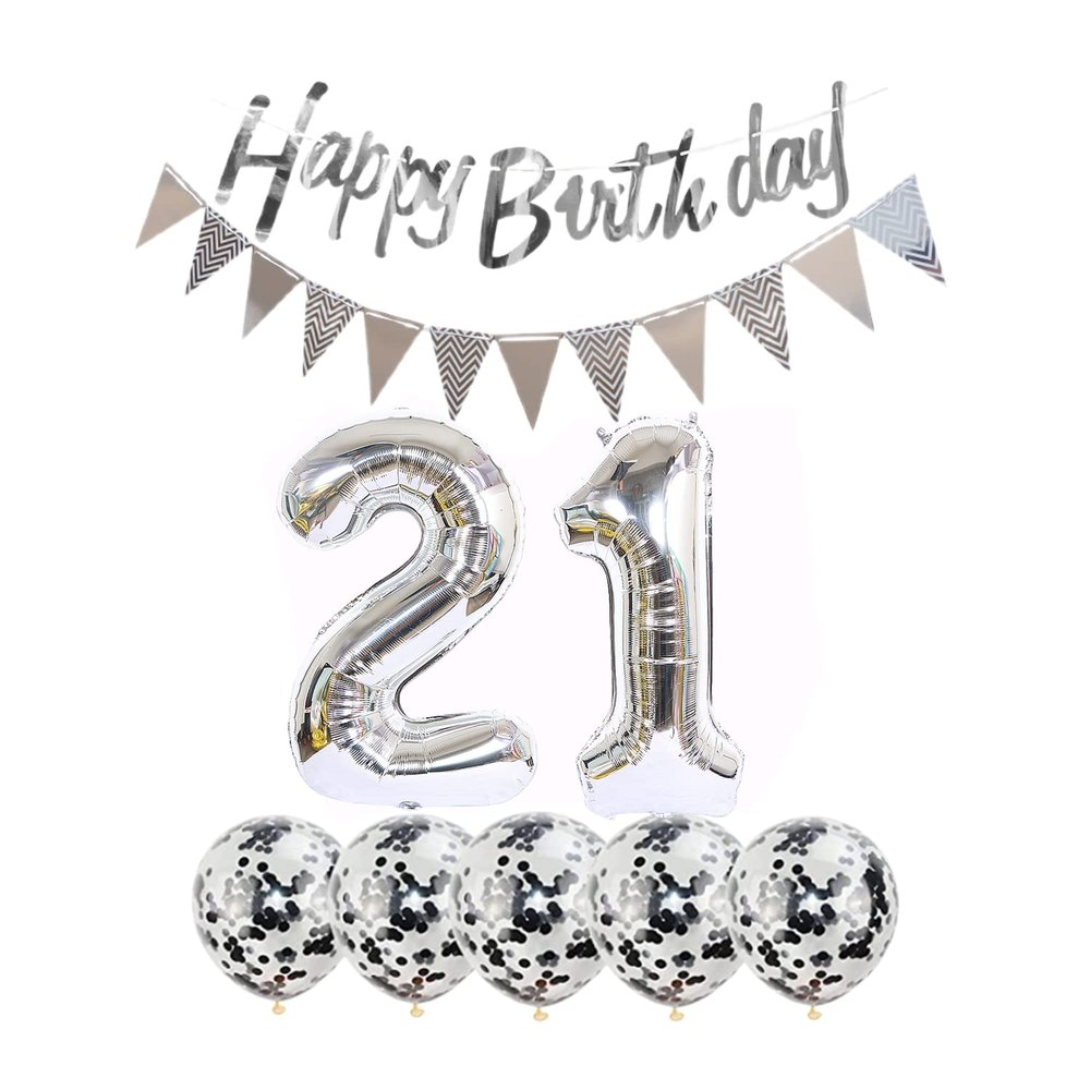 2 Balloons Number 21 + Happy Birthday Garland + Silver Banner foil Balloon 21th Birthday Decoration+5 Confetti Balloons boy Girl 21 Year Birthday Decoration Number Balloon 21 Balloons 21 Birthday