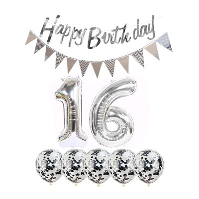 2 Balloons Number 16 + Happy Birthday Garland + Silver Banner foil Balloon 16th Birthday Decoration+5 Confetti Balloons boy Girl 16 Year Birthday Decoration Number Balloon 16 Balloons 16 Birthday