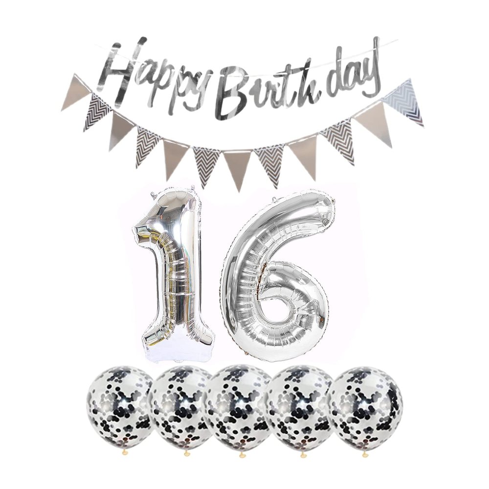 2 Balloons Number 16 + Happy Birthday Garland + Silver Banner foil Balloon 16th Birthday Decoration+5 Confetti Balloons boy Girl 16 Year Birthday Decoration Number Balloon 16 Balloons 16 Birthday