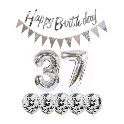 2 Balloons Number 37 + Happy Birthday Garland + Silver Banner foil Balloon 37th Birthday Decoration+5 Confetti Balloons boy Girl 37 Year Birthday Decoration Number Balloon 37 Balloons 37 Birthday