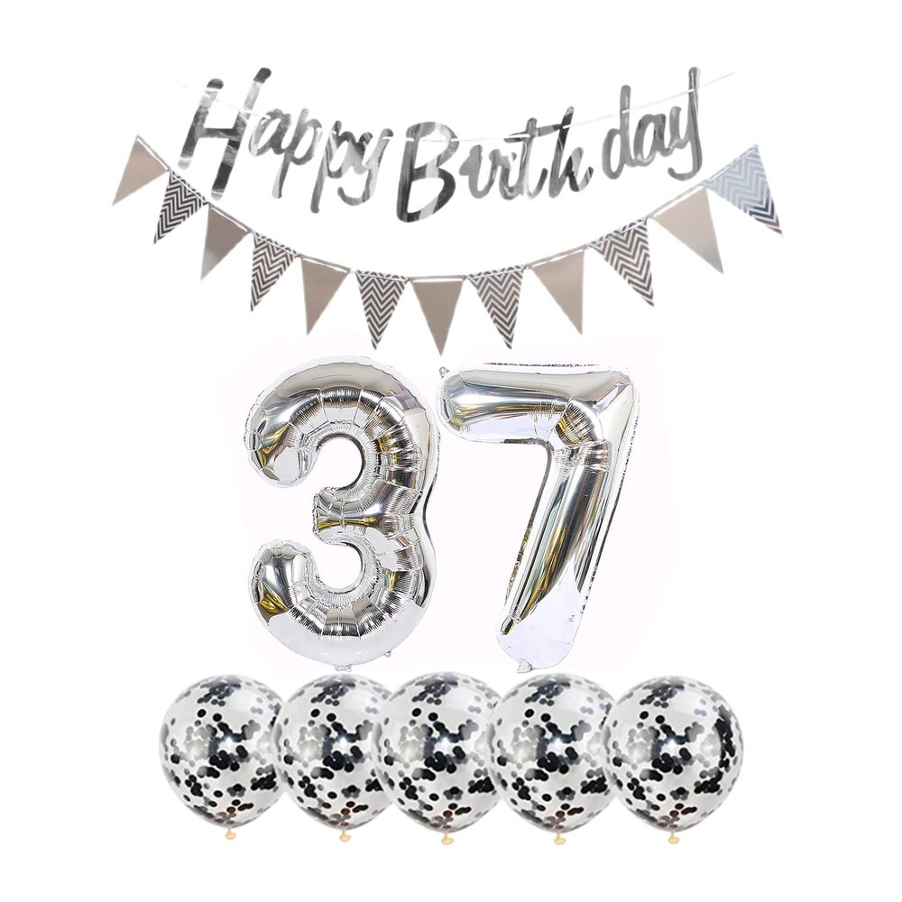 2 Balloons Number 37 + Happy Birthday Garland + Silver Banner foil Balloon 37th Birthday Decoration+5 Confetti Balloons boy Girl 37 Year Birthday Decoration Number Balloon 37 Balloons 37 Birthday