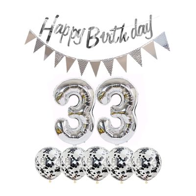 2 Balloons Number 33 + Happy Birthday Garland + Silver Banner foil Balloon 33th Birthday Decoration+5 Confetti Balloons boy Girl 33 Year Birthday Decoration Number Balloon 33 Balloons 33 Birthday