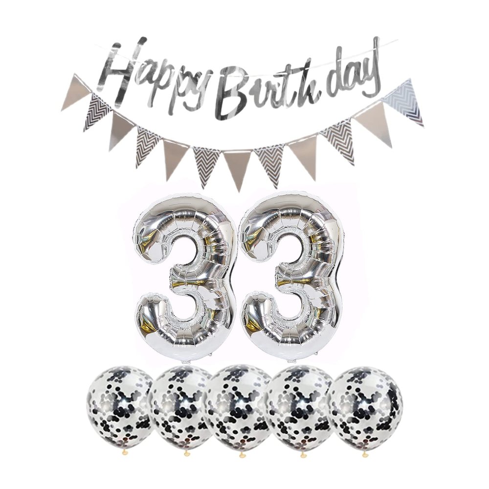 2 Balloons Number 33 + Happy Birthday Garland + Silver Banner foil Balloon 33th Birthday Decoration+5 Confetti Balloons boy Girl 33 Year Birthday Decoration Number Balloon 33 Balloons 33 Birthday