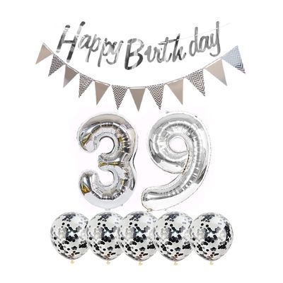 2 Balloons Number 39 + Happy Birthday Garland + Silver Banner foil Balloon 39th Birthday Decoration+5 Confetti Balloons boy Girl 39 Year Birthday Decoration Number Balloon 39 Balloons 39 Birthday