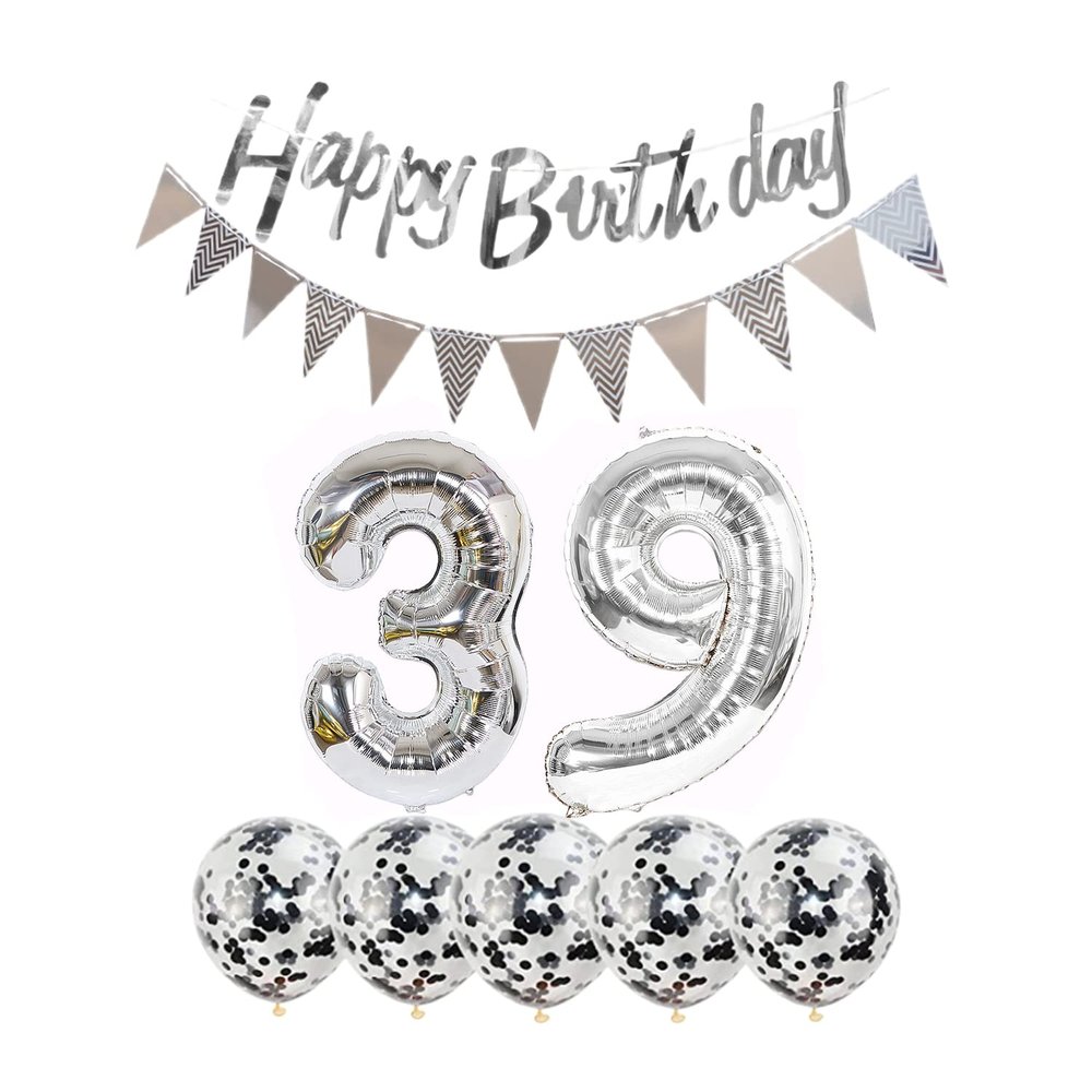 2 Balloons Number 39 + Happy Birthday Garland + Silver Banner foil Balloon 39th Birthday Decoration+5 Confetti Balloons boy Girl 39 Year Birthday Decoration Number Balloon 39 Balloons 39 Birthday