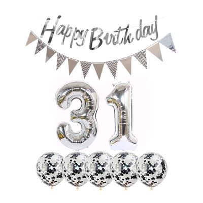 2 balloons number 31 + happy birthday garland + silver banner foil balloon 31th birthday decoration+5 confetti balloons boy girl 31 year birthday decoration number balloon 31 balloons 31 birthday