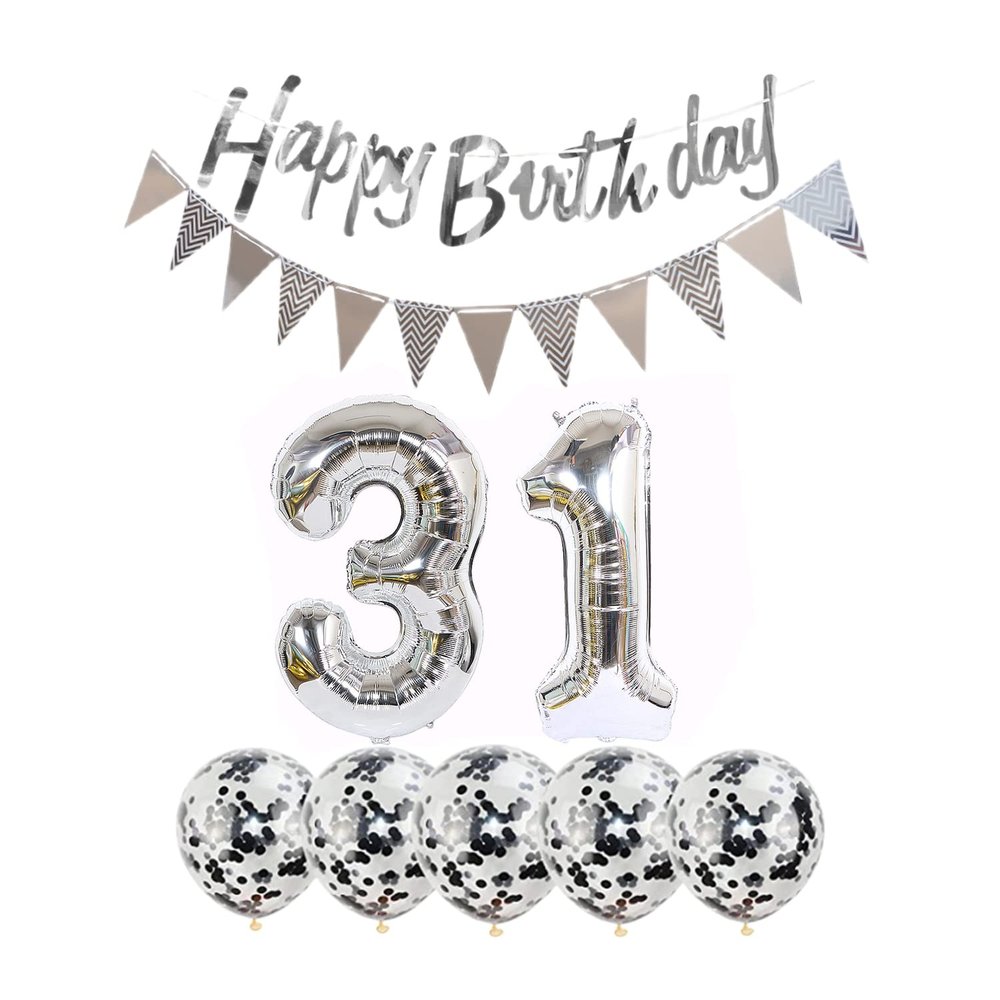 2 balloons number 31 + happy birthday garland + silver banner foil balloon 31th birthday decoration+5 confetti balloons boy girl 31 year birthday decoration number balloon 31 balloons 31 birthday