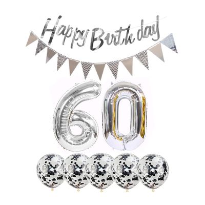 2 Balloons Number 60+ haappy Birthday Garland + Silver Banner foil Balloon 60th Birthday Decoration+5 Confetti Balloons boy Girl 60 Year Birthday Decoration Number Balloon 60 Balloons 60 Birthday