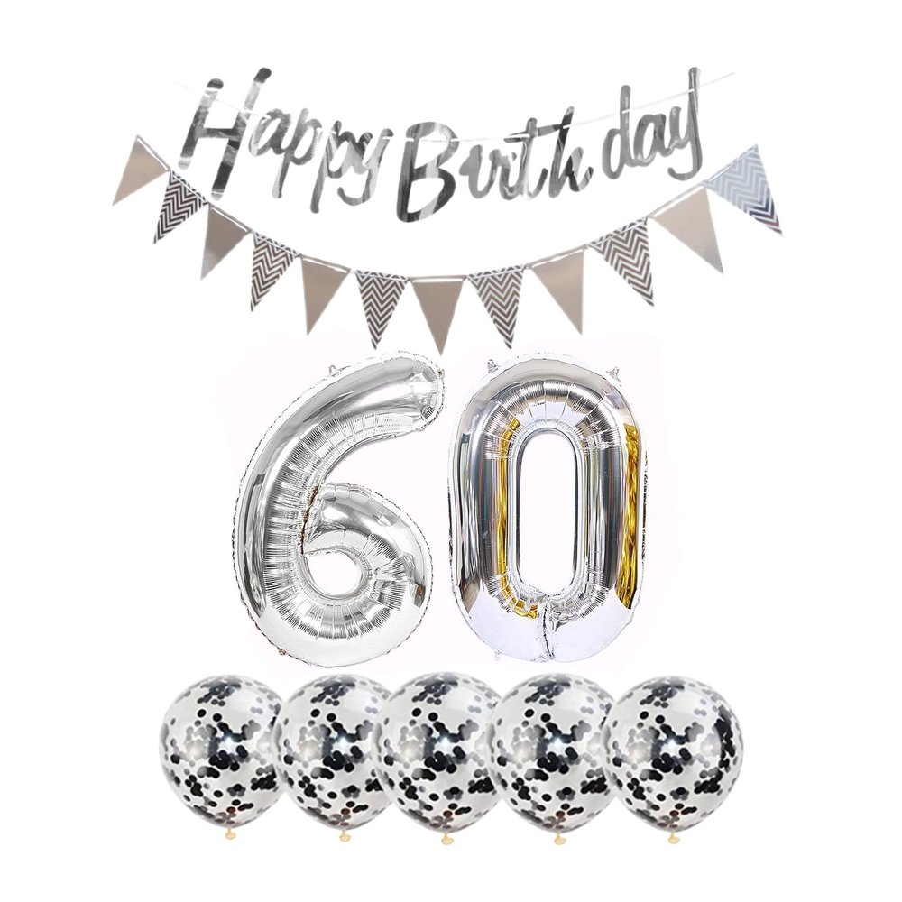 2 Balloons Number 60+ haappy Birthday Garland + Silver Banner foil Balloon 60th Birthday Decoration+5 Confetti Balloons boy Girl 60 Year Birthday Decoration Number Balloon 60 Balloons 60 Birthday