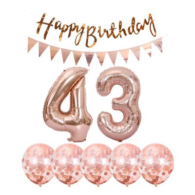 2 balloons number 43+ haappy birthday garland + Rose Gold banner foil balloon 43th birthday decoration+5 confetti balloons boy girl 43 Year birthday decoration number balloon 43 balloons 43 birthday