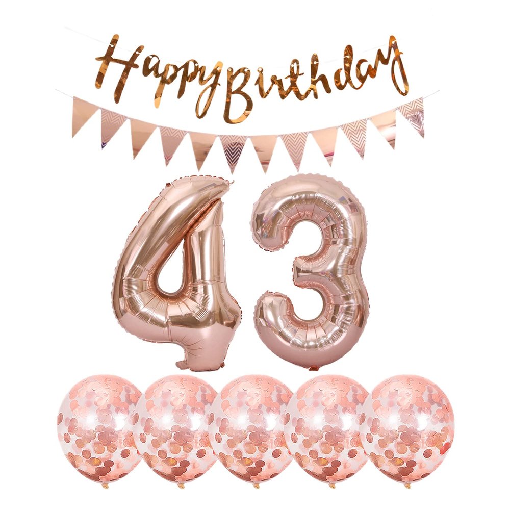 2 balloons number 43+ haappy birthday garland + Rose Gold banner foil balloon 43th birthday decoration+5 confetti balloons boy girl 43 Year birthday decoration number balloon 43 balloons 43 birthday