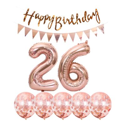 2 balloons number 26+ haappy birthday garland + Rose Gold banner foil balloon 26th birthday decoration+5 confetti balloons boy girl 26 Year birthday decoration number balloon 26 balloons 26 birthday