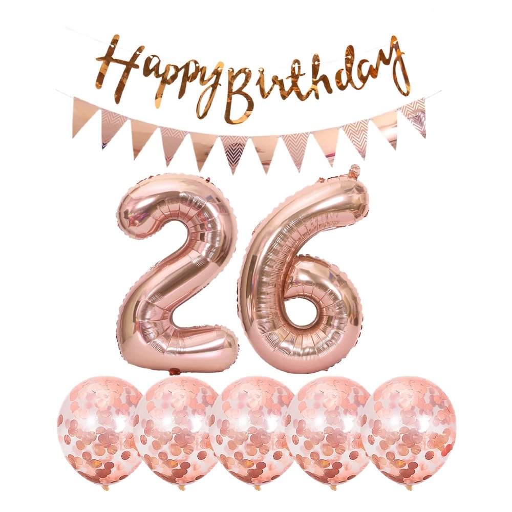 2 balloons number 26+ haappy birthday garland + Rose Gold banner foil balloon 26th birthday decoration+5 confetti balloons boy girl 26 Year birthday decoration number balloon 26 balloons 26 birthday
