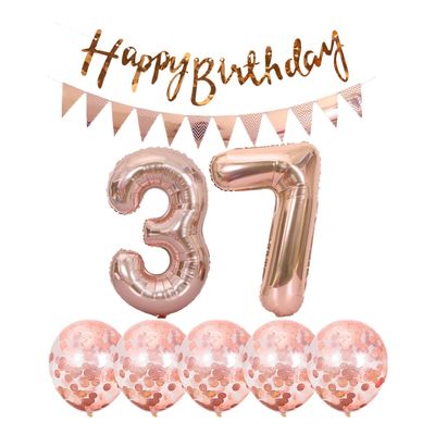 2 Balloons Number 37+ haappy Birthday Garland + Rose Gold Banner foil Balloon 37th Birthday Decoration+5 Confetti Balloons boy Girl 37 Year Birthday Decoration Number Balloon 37 Balloons 37 Birthday