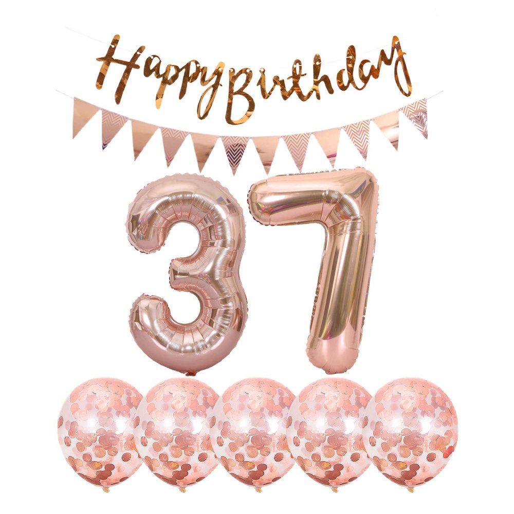 2 Balloons Number 37+ haappy Birthday Garland + Rose Gold Banner foil Balloon 37th Birthday Decoration+5 Confetti Balloons boy Girl 37 Year Birthday Decoration Number Balloon 37 Balloons 37 Birthday