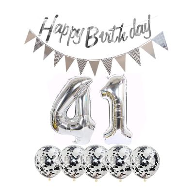 2 Balloons Number 41 + Happy Birthday Garland + Silver Banner foil Balloon 41th Birthday Decoration+5 Confetti Balloons boy Girl 41 Year Birthday Decoration Number Balloon 41 Balloons 41 Birthday