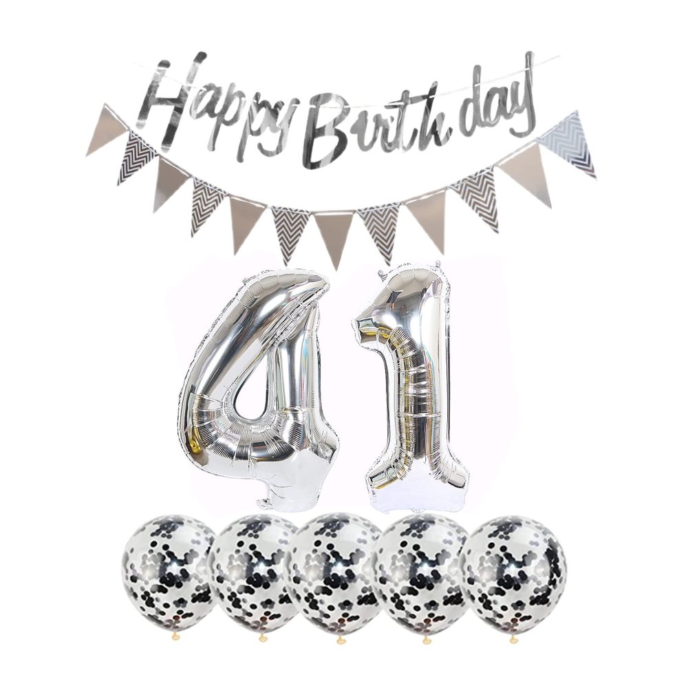 2 Balloons Number 41 + Happy Birthday Garland + Silver Banner foil Balloon 41th Birthday Decoration+5 Confetti Balloons boy Girl 41 Year Birthday Decoration Number Balloon 41 Balloons 41 Birthday