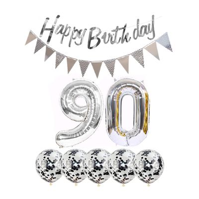 2 Balloons Number 90+ haappy Birthday Garland + Silver Banner foil Balloon 90th Birthday Decoration+5 Confetti Balloons boy Girl 90 Year Birthday Decoration Number Balloon 90 Balloons 90 Birthday