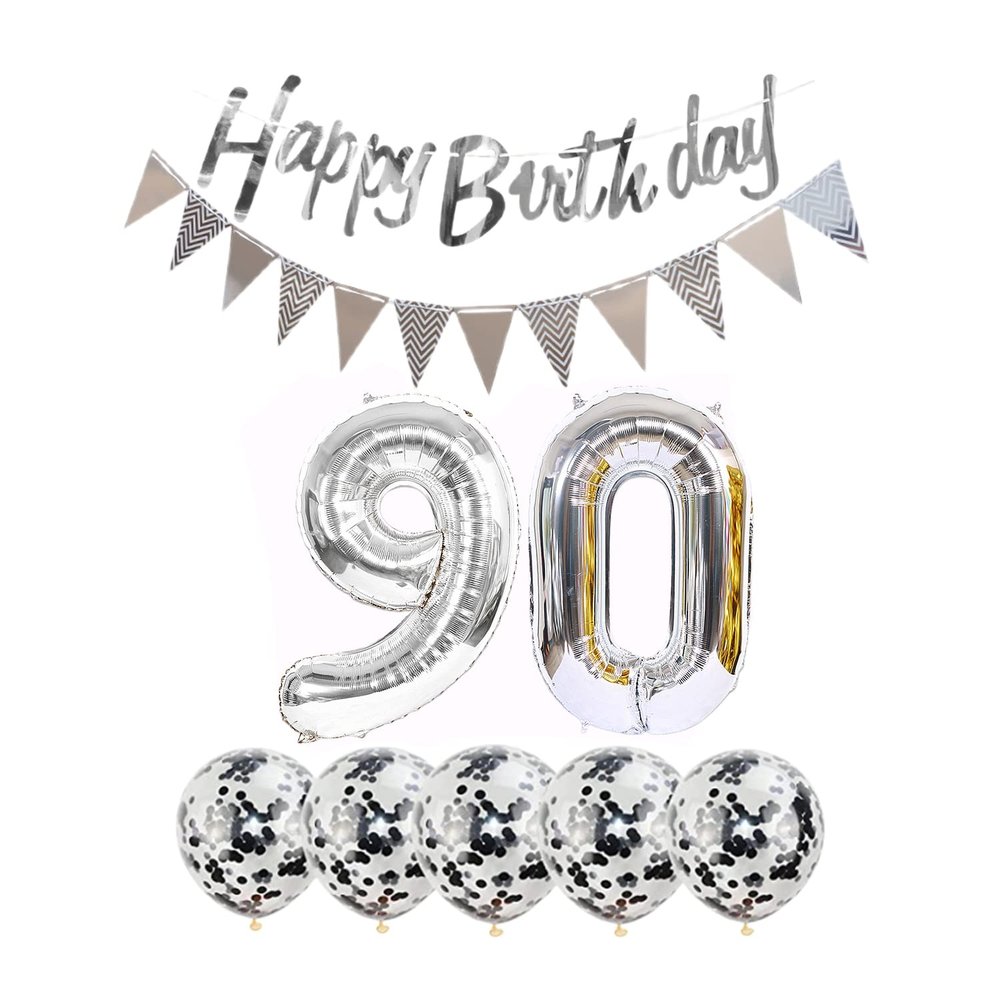 2 Balloons Number 90+ haappy Birthday Garland + Silver Banner foil Balloon 90th Birthday Decoration+5 Confetti Balloons boy Girl 90 Year Birthday Decoration Number Balloon 90 Balloons 90 Birthday