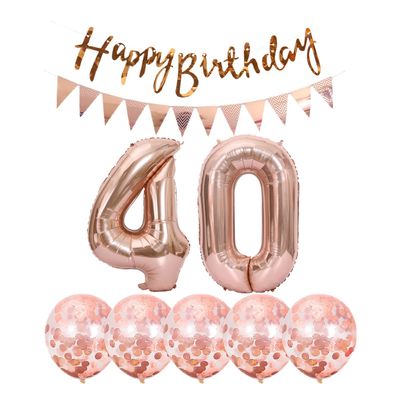 2 Balloons Number 40+ haappy Birthday Garland + Rose Gold Banner foil Balloon 40th Birthday Decoration+5 Confetti Balloons boy Girl 40 Year Birthday Decoration Number Balloon 40 Balloons 40 Birthday