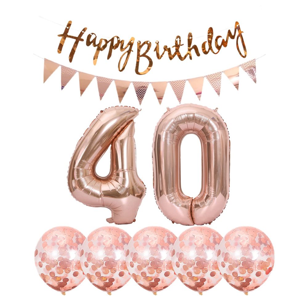 2 Balloons Number 40+ haappy Birthday Garland + Rose Gold Banner foil Balloon 40th Birthday Decoration+5 Confetti Balloons boy Girl 40 Year Birthday Decoration Number Balloon 40 Balloons 40 Birthday