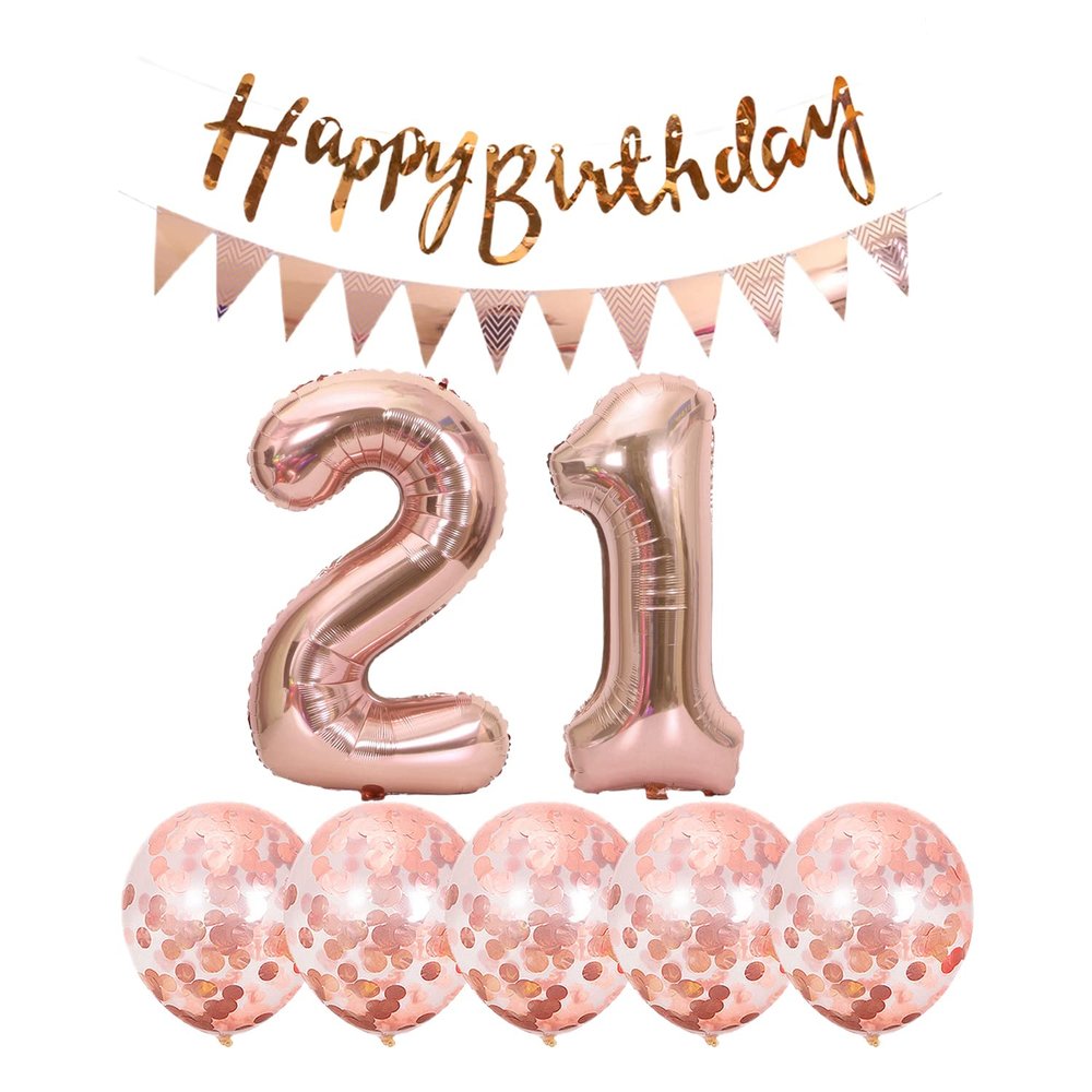 2 Balloons Number 21+ haappy Birthday Garland + Rose Gold Banner foil Balloon 21th Birthday Decoration+5 Confetti Balloons boy Girl 21 Year Birthday Decoration Number Balloon 21 Balloons 21 Birthday
