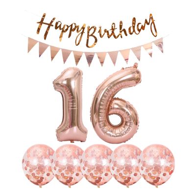 2 Balloons Number 16+ haappy Birthday Garland + Rose Gold Banner foil Balloon 16th Birthday Decoration+5 Confetti Balloons boy Girl 16 Year Birthday Decoration Number Balloon 16 Balloons 16 Birthday